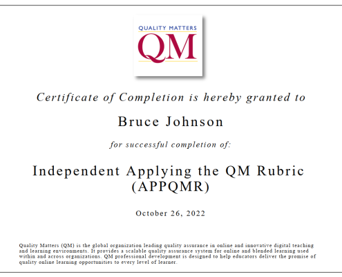 Applying the QM Rubric Certificate Dr Bruce A Johnson